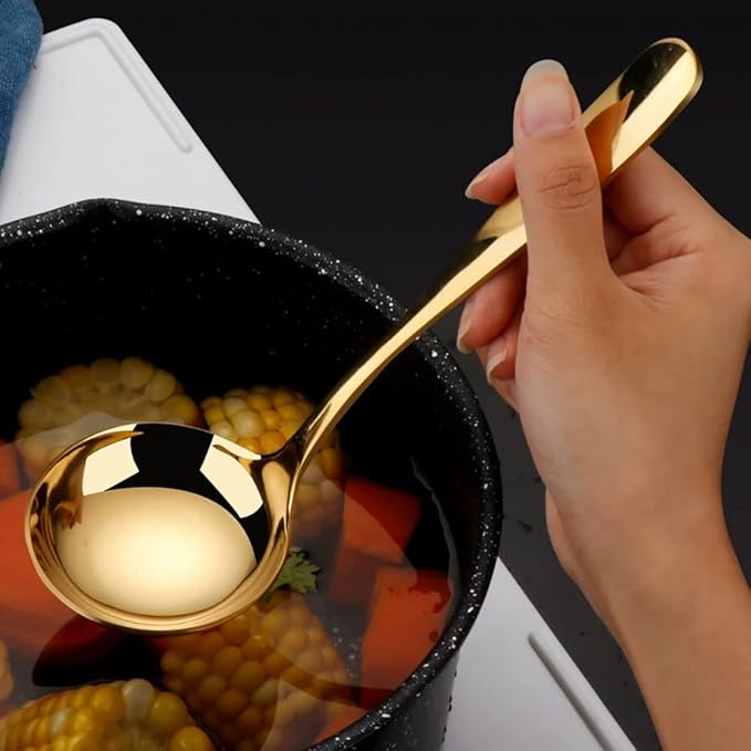 6 PCS Stainless Steel Serving Utensils, Large Serving Spoons Slotted Spoons, Forks, Ice Suger Tongs, Cake Server, Soup Ladle, Metal Utensils Set Great for Buffet Catering Banquet Party, Gold
