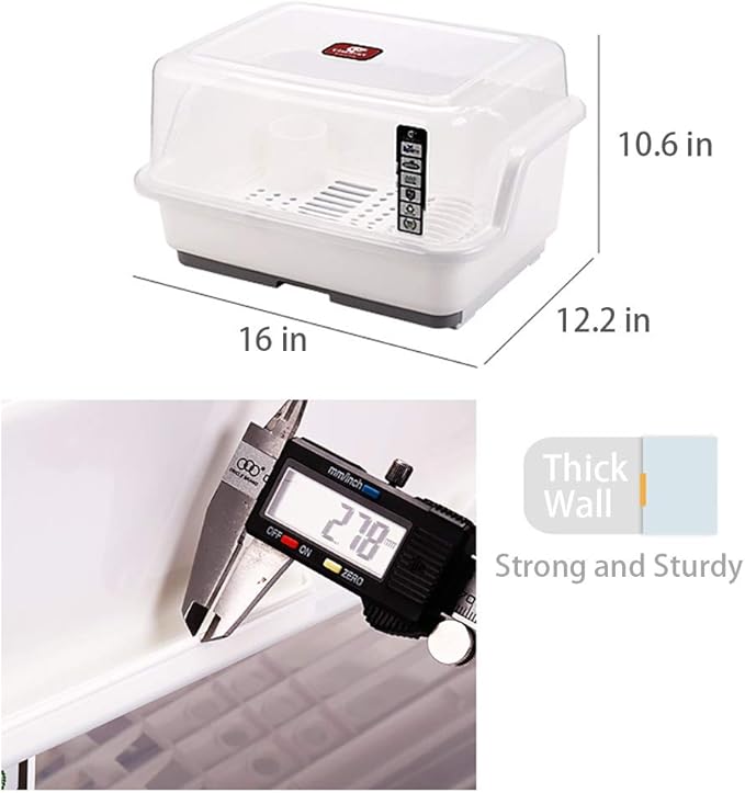 Tomorotec Medium Size Dish Drying Rack and Drain Board with Lid Cover, 16" x 12.2" x 10.6" Nursing Bottle Holder, Kitchen Plate Cup Tray Cutlery Drainer