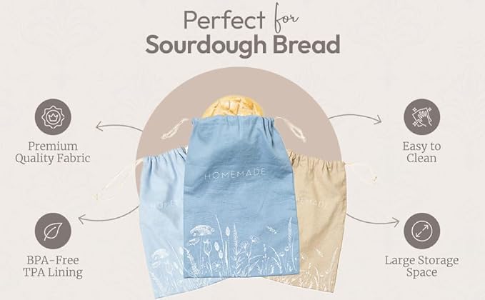 Reusable Bread Bags with Drawstring | XL Pack of 3 | Eco-Friendly Washable Linen Bread Bag & Spacious Sourdough Bread Storage | Bread Bags Reusable Keeps Your Loaf Fresh | Flower Design