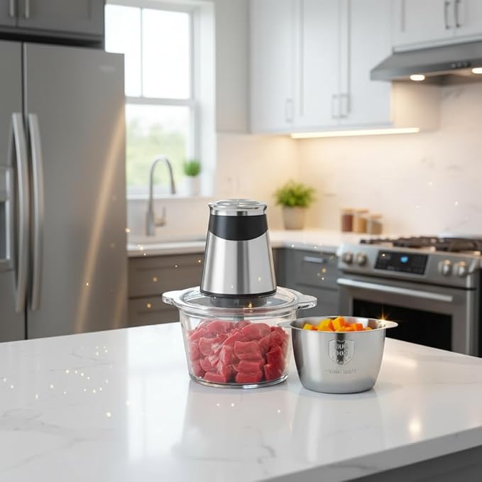 MEGAWISE Food Processor, 800W Electric Meat Grinder, 1.8L Stainless Steel Bowl & 1.8L Glass Bowl, Dual Speed Modes for Meat, Onion, Vegetables, Nuts, Fruits, Baby Food