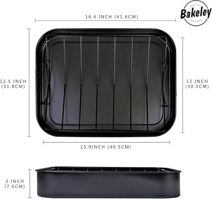 Roasting Pan, Nonstick Roaster Pan with Rack, Turkey Roasting Pan with V Rack, 17 Inch x 13 Inch, Black