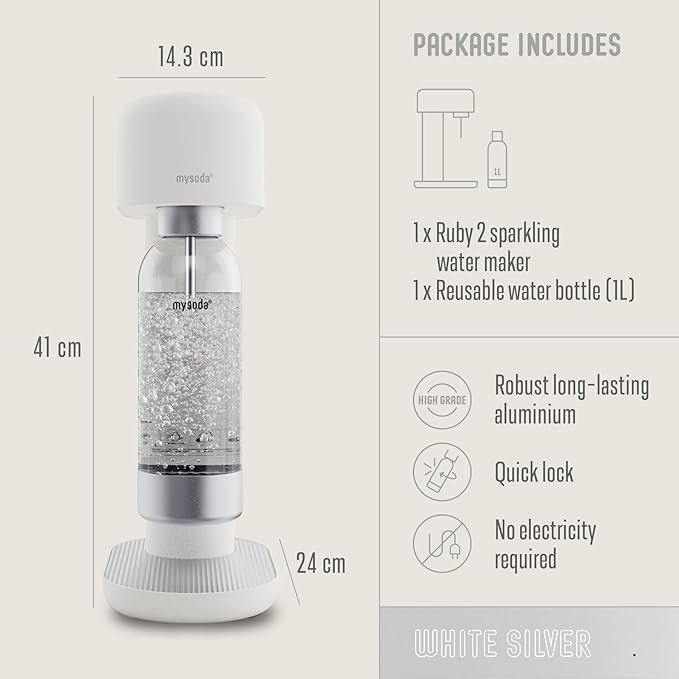 Mysoda Ruby 2 Carbonated Water Machine - Silent and Long-Lasting Aluminium Soda Maker with 1L Water Bottle - Without CO2 Cylinder - White