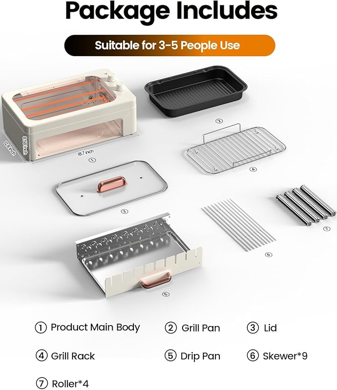 XHJ 4-in-1 Electric Indoor Grill Smokeless for Home,Countertop Electric Grill with Removable Sizzling Grill Pan & Grate + Auto Rotating Kabob Skewers + Electric Hot Dog Roller Dual Zone Cook with Lid