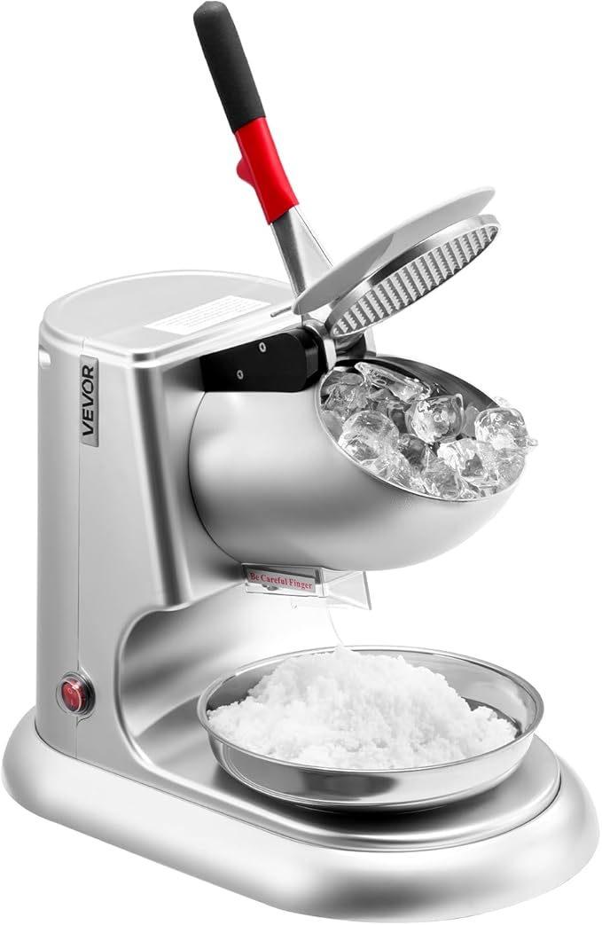 VEVOR Ice Crusher Machine, 220lbs Per Hour Electric 4 Blades Snow Cone Maker, Stainless Steel Shaved Ice Machine with Bowl and Cover, 300W 2000RPM Ice-Shaver for Home and Commercial Use, Silver
