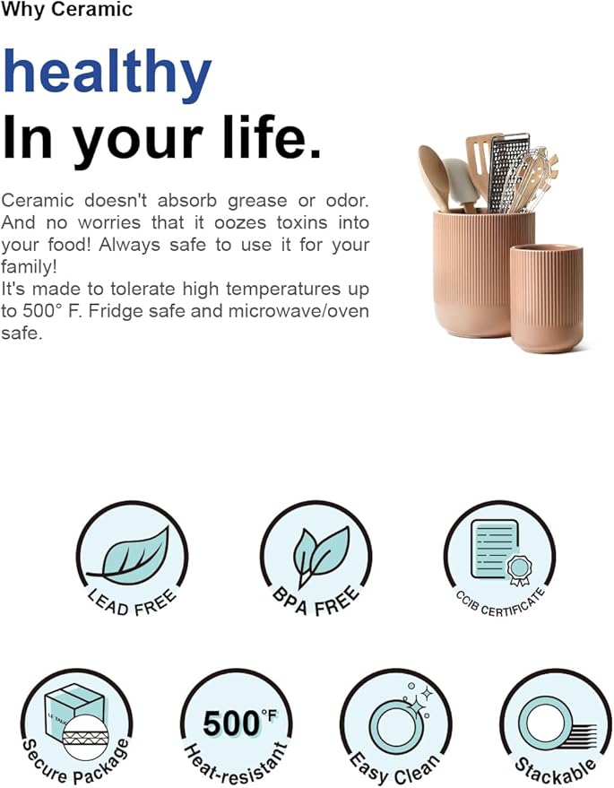 LE TAUCI Utensil Holder for Kitchen Counter, 7.3"+5.4" Fluted Ceramic Utensil Crock Organizer for Countertop, Heavy Large Holder for Spatulas, Spoons, Set of 2, Dusty Coral