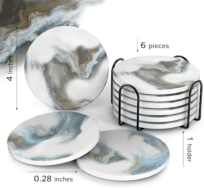 UMIRRO Absorbent Coasters for Drinks with Holder | Ceramic Stone Cup Coasters for Coffee Table | Modern Decorative Mat in Ocean Blue and Grey | Set of 6