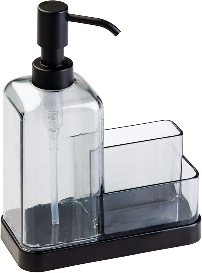 mDesign Soap Dispenser Pump with Sponge and Scrubber Organizer for Kitchen Countertops - Graphite/Matte Black