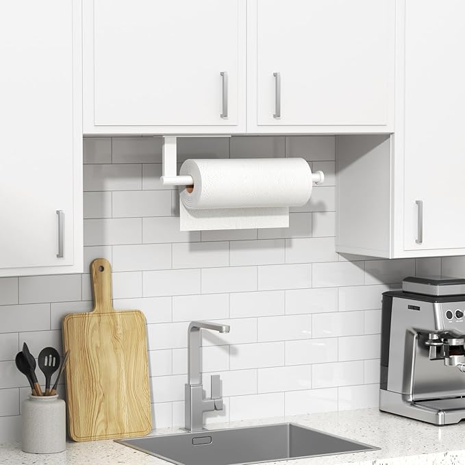 Paper Towel Holder Under Cabinet - Stainless Steel Paper Towel Holder Wall Mount, Self-Adhesive or Drilling, Matte White Towel Rack for Kitchen Organization and Storage, Kitchen Paper Roll Holder