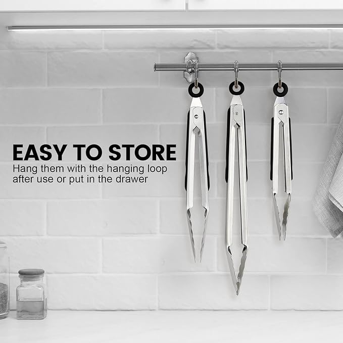 Chengu 12 Pack Stainless Steel Kitchen Tongs 7/9/12 Inches Food Serving Clip Kitchen Cooking Tongs High Heat Resistant Clips for Cooking Non Stick Locking Grill Salad (Black)