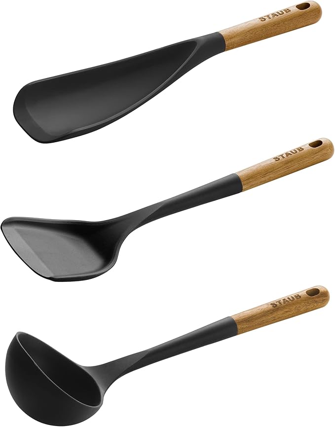 Staub Silicone with Wood Handle Cooking Utensil Set, Matte Black, 3-pc