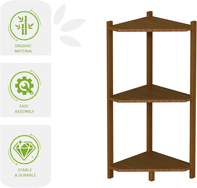 Wisuce Corner Shelf, 100% Real Bamboo Shower Corner Shelves Free Standing Shelf Storage Organizer for Bathroom Living Room Kitchen (Brown, 3 Tier)