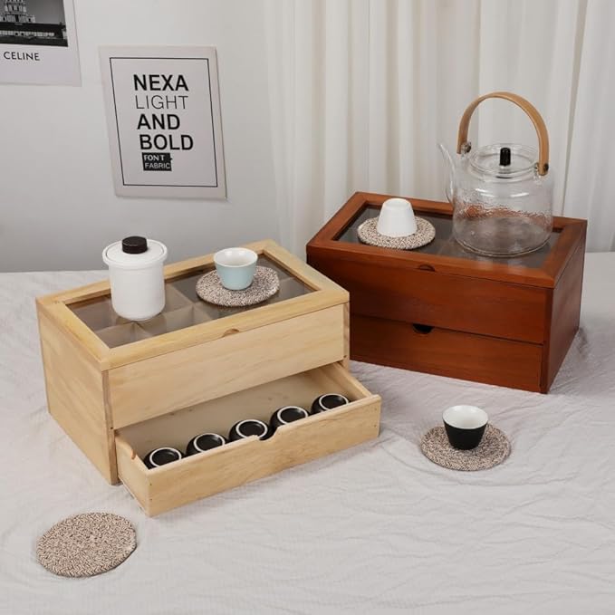 Tea Bag organizer Storage Box with Drawer Tea Organizers with Clear Acrylic Window Wooden Tea Box for Countertop with 8 Compartments Teabag Holder with 4 Cotton Woven Coasters(WWood02)