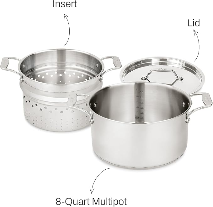 All-Clad Stockpot 8 qt Stainless Steel Multipot With Insert & Lid, Stainless Steel Pot, Induction, Oven Broiler Safe 600F Skillet, Professional Cookware, Silver