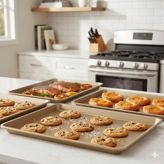 4 Pieces Bakeware Set | 3 Baking Pans & 1 Recipe Notebook Combo | Nonstick Cookie Sheets for Baking Supplies | No Rust & No Toxic Heavy Duty 3 Baking Trays 18''+15''+13'' & 1 Blank Recipe Book
