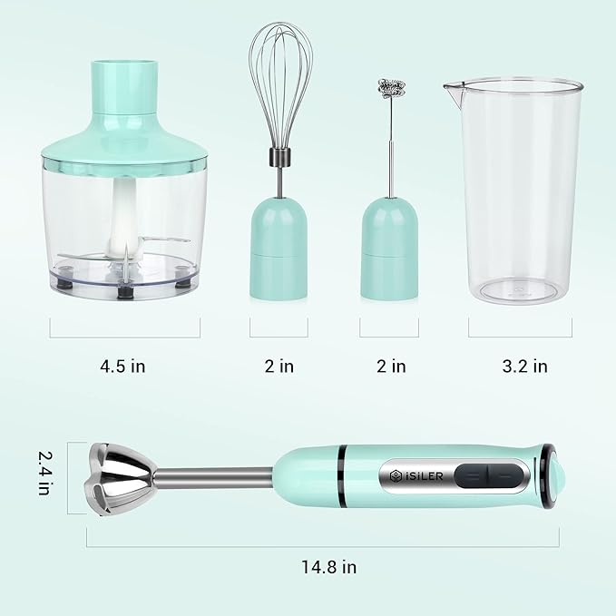 Immersion Hand Blender, ISILER 5-in-1 500-Watt Multi-Purpose Stick Blender with 860ml Food Chopper, 600ml Container, Milk Frother, Egg Whisk, 8-Speed for Puree Infant Food Smoothies Soups