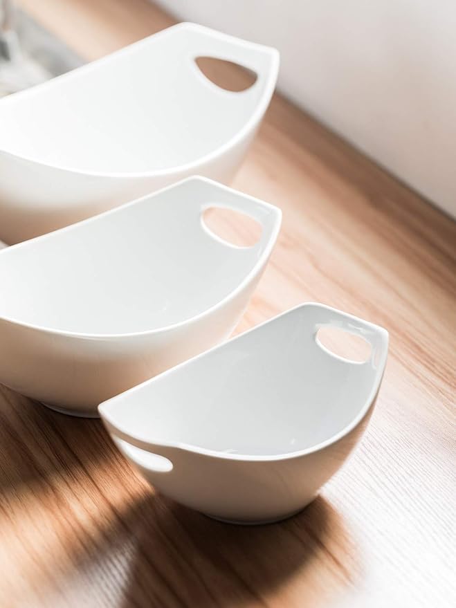 LAUCHUH Serving Bowls with Handles, Porcelain Serving Dishes White Nesting Bowls Mixing Bowl Set Salad Bowls for Entertaining, Mother's Day Party, Baby Shower, Set of 3, 15/28/49 oz