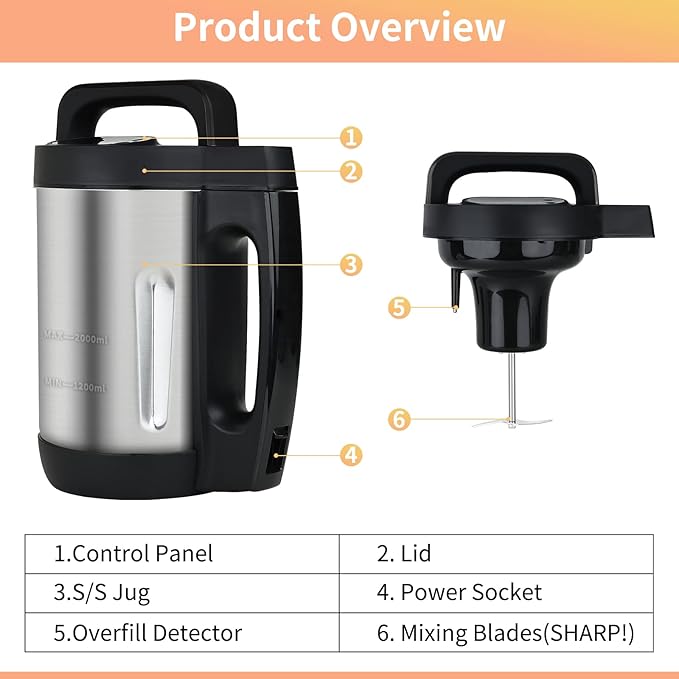 Soup Maker 2 L, Makes 4-6 Servings, Soup Maker Machine with 6 Preset Programs, Electric Soup Machine Automatic Heating and Blending for Purées, Baby Foods, Smoothies, Stainless Steel