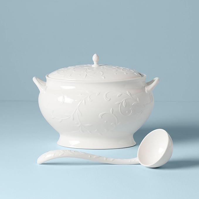 Lenox Opal Innocence Carved Covered Soup Tureen with Ladle, 10-1/4-Inch, White, 152 ounces