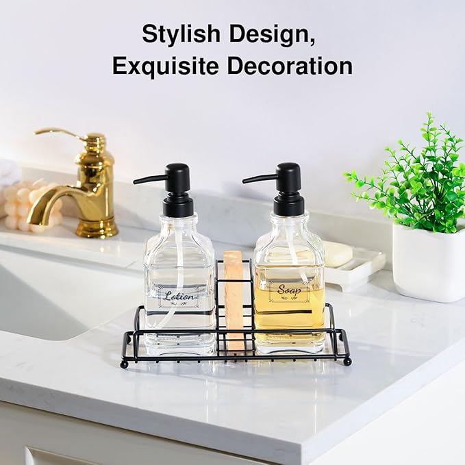 Shinowa Kitchen Soap Dispenser Set, Hand and Dish Soap Dispenser with Tray, 2-Pack Thick Glass Dish Dispenser for Kitchen & Bathroom, Soap and Lotion Dispenser Set Kit with Pump