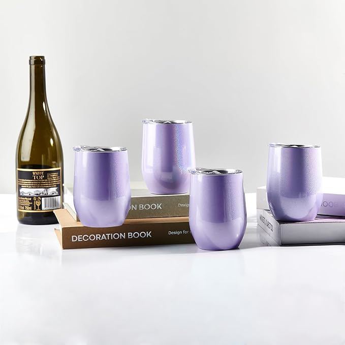 BetterSub 8 Pack 12oz Glitter Purple Wine Tumblers - Double Wall Insulated Sublimation Blanks, Stainless Steel Cups With Lid, Metal Straw, Brush, Display Box (Glitter Purple)