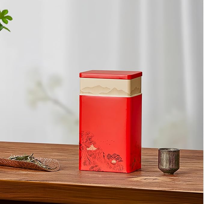 HAN SHENG Tea Canister, Airtight Storage Tin for Loose Leaf Tea & Bags, 8-Inch Decorative Metal Container with Oriental Mountain Design, Red