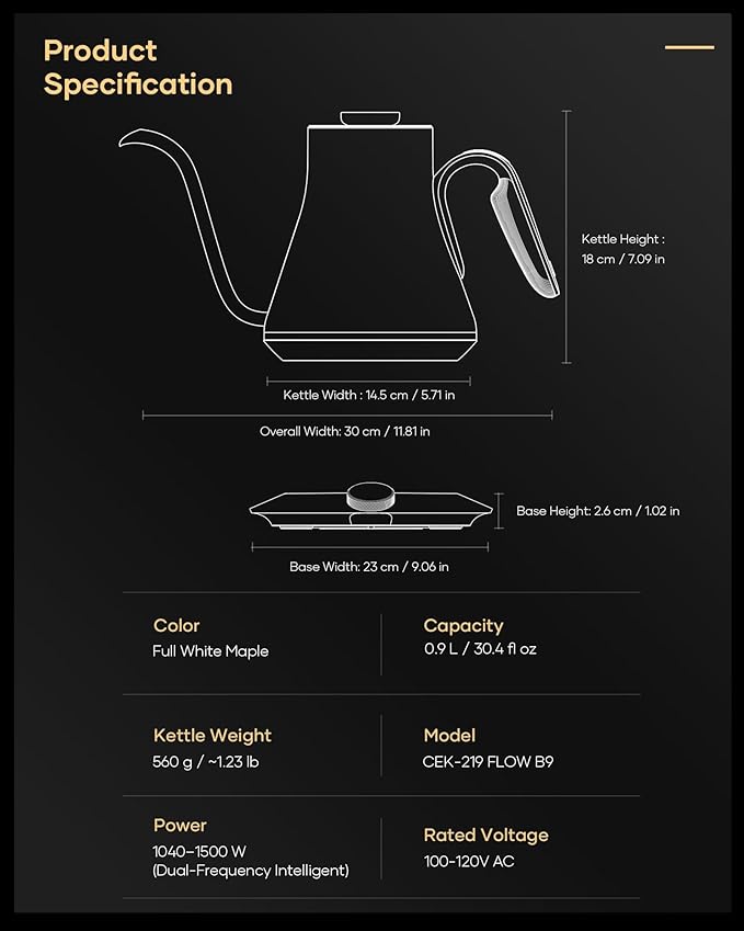 Cocinare Barista Collection Gooseneck Electric Kettle, ±1℉ Precise Temperature Control for Pour-Over Coffee & Tea, Quick Heating 1500W, Stainless Steel Interior, 0.9L (White Maple)