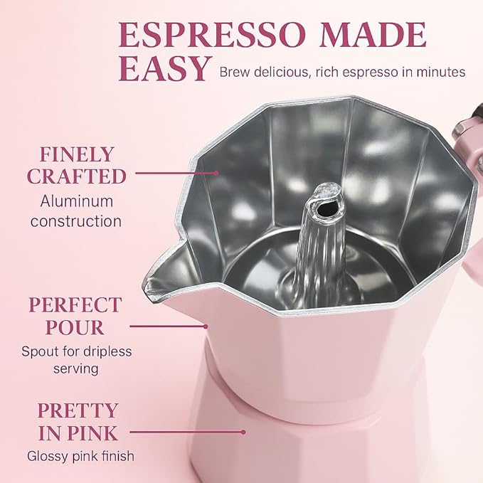 HARIRA 9 Cup Stovetop Espresso Maker Italian & Cuban Style Coffee Pot, Durable Aluminum Moka Pot with Ergonomic Handle, Rich Aromatic Brew, Pink Coffee Maker for Home or Travel