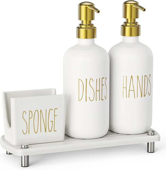 Cisily Kitchen Soap Dispenser Set Comes with Ceramics Sponge Holder, Gold Pumps, and Instant Dry Tray, Hand and Dish Soap Dispenser Set (4, Gold + White + Sponge Holder)