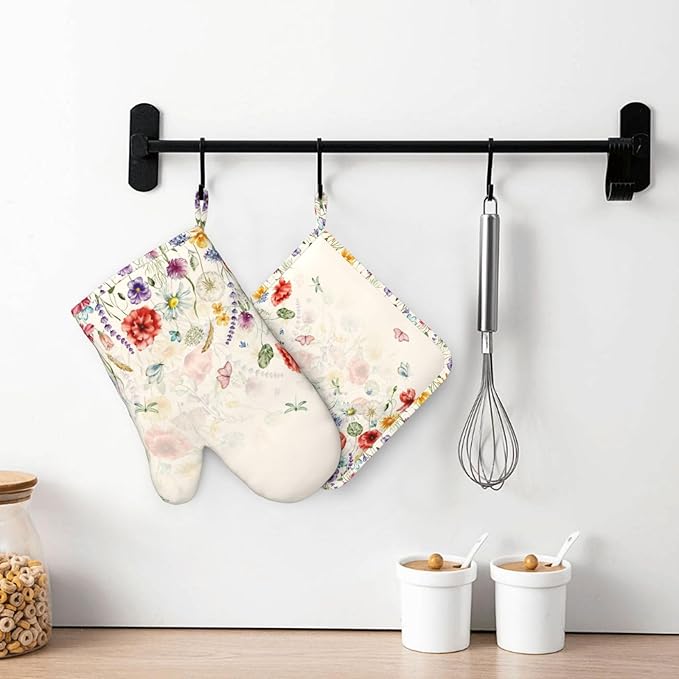Watercolor Florals Oven Mitts and Pot Holders Sets Silicone Wildflowers Kitchen Oven Mitts Hot Pads Heat Resistant Colorful Flowers Butterfly Potholders Kitchen Mitts Set for Baking Cooking
