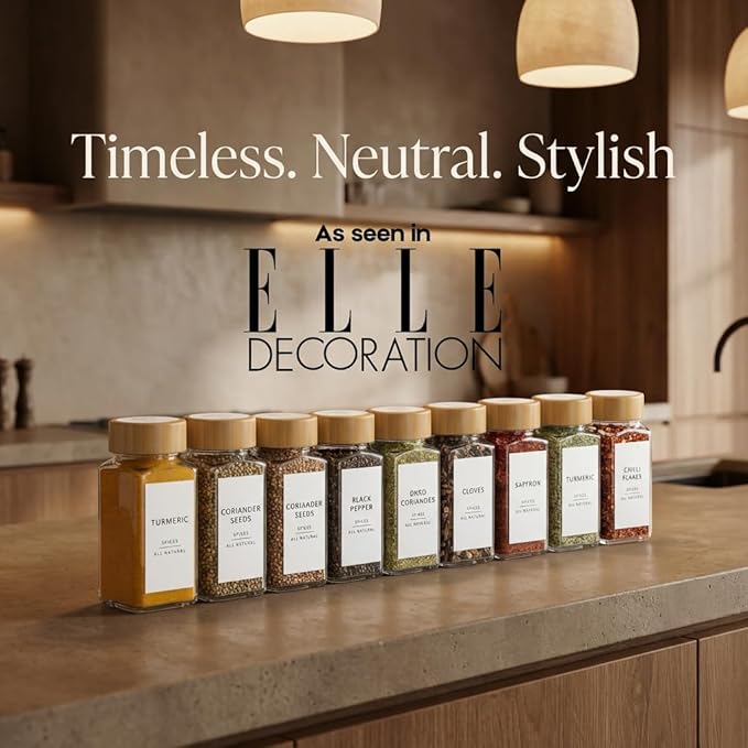 Glass Spice Jars with 360 Labels -24 pcs- 4oz- Spice Containers with Bamboo Lids -Shaker Lids- Pepper Grinder-Spice Organization for Cabinet-Drawer-Rack-Seasoning Organizer-Square bottles