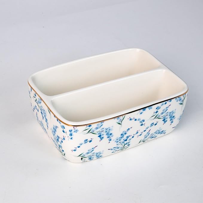 2 Compartments Ceramic Sponge Holder for Kitchen Sink, Cute Floral Pattern Countertop Dish Sponges Holder Soap Sink Organizer Caddy Farmhouse Home Kitchen Decor Blue Blossom