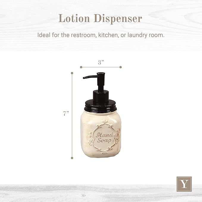 Young's Inc. Ceramic Mason Jar Soap Dispenser - 3" L x 3" W x 7" H - Rustic Bathroom Accessories - Off-White Decor