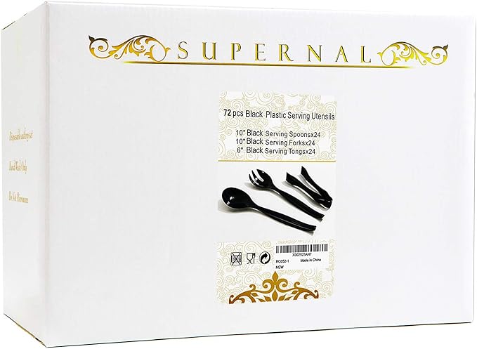 Supernal 72pcs Plastic Serving Utensils Heavy Duty Disposable Serving Tongs Black Disposable Serving Set 10" Spoons 10" Forks 6" Tongs Each 24pcs