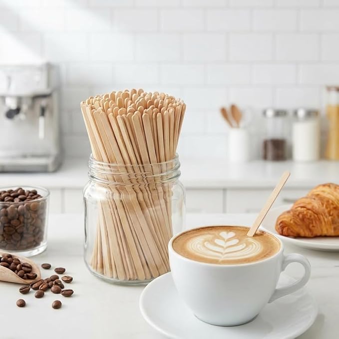 5.5 Inch Wooden Coffee Stir Sticks, 200 Count Premium Natural Birch Wood Stirrers for Coffee Bar Accessories, Disposable Beverage Stirrers for Hot/Cold Drinks, Eco-Friendly & Splinter-Free