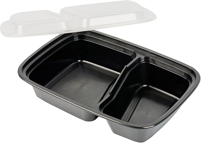 Asporto 32 Ounce Compartment Take Out Boxes, 50 Microwavable Meal Prep Containers - 2 Compartments, With Clear Plastic Lids, Black Plastic Food Containers, Do Not Contain BPA - Restaurantware