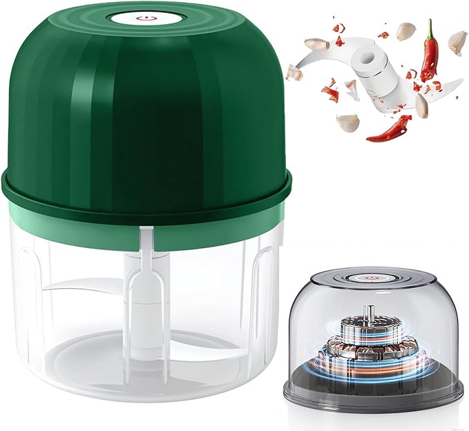 Electric Garlic Chopper, Rechargeable Portable and Cordless Mini Food Processor, Vegetable Chopper with Stainless Steel Blade for Kitchen Food Processor for Ginger Chili (Green)