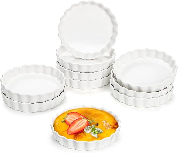 Foraineam 10 Pack 8 oz Creme Brulee Ramekins, 6 Inch Round Fluted Quiche Dishes, Porcelain Pie Pan Shallow Baking Dish Oven Safe for Baking Souffle, Apple Pie, Quiche, Tart