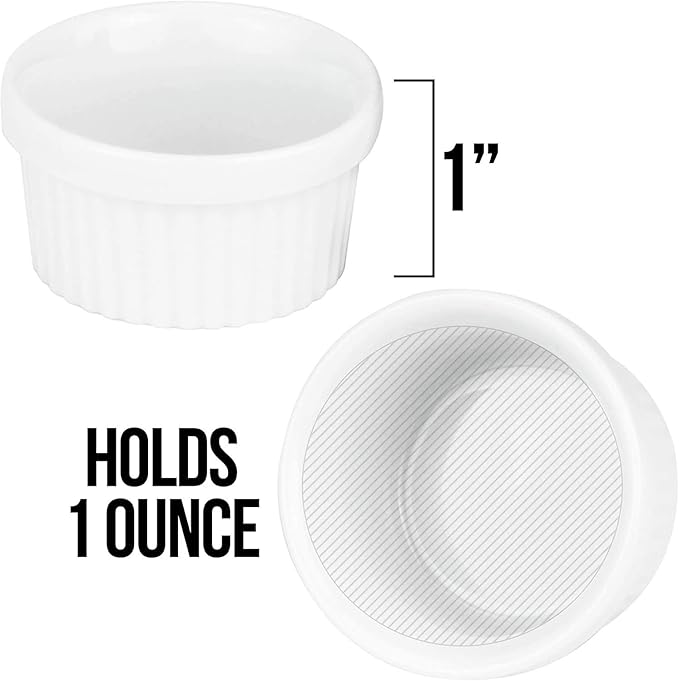 Mini Ramekins 1 oz. 30 ml|Microwave & Oven Safe, Porcelain Souffle Dish, Dipping Sauce, & Small Dessert Cups| 6 Count