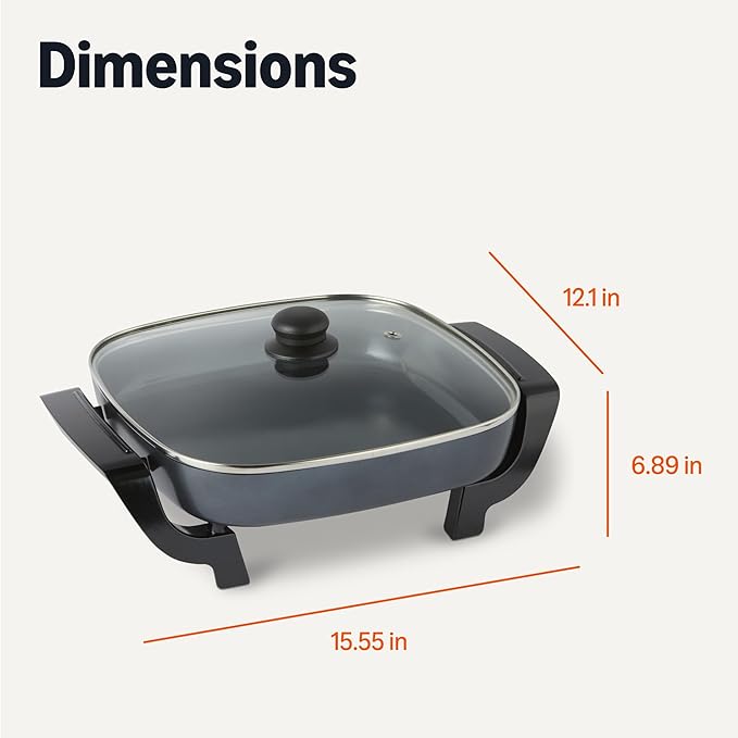 Amazon Basics Electric Skillet and Frying Pan with Glass Lid, Nonstick Ceramic Coating, Cool-Touch Handles, Adjustable Heat, 15.74 x 11.81 x 6.69 inch, Black