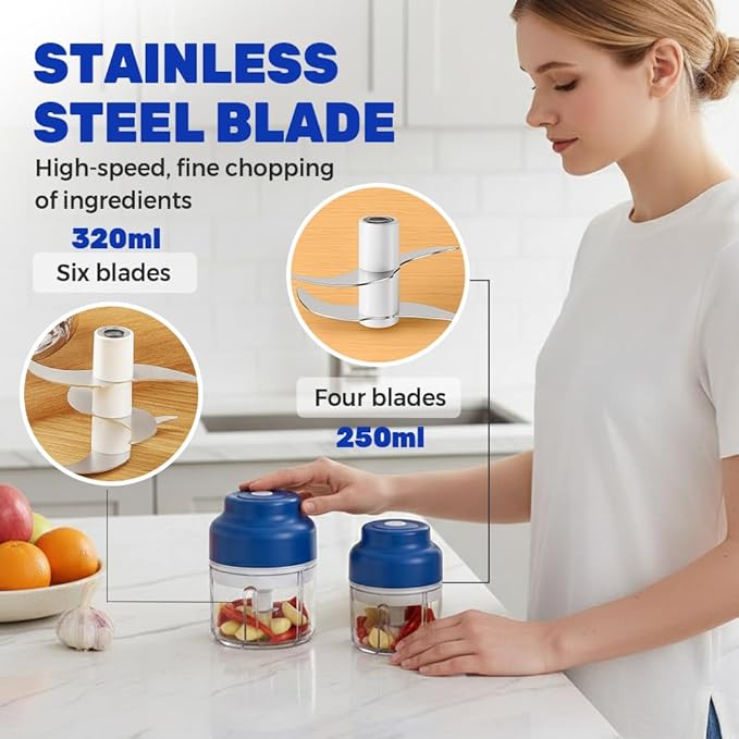 Electric Garlic Chopper, 2026 Upgraded Food Processor, USB Rechargeable Portable Wireless Veggie Chopper with 6 Stainless Steel Blades for Garlic Onion Chili Nuts Meat (blue, 320ml)