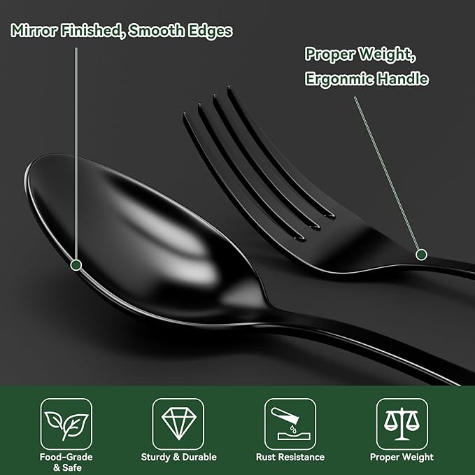 JUNLIN 49 Pieces Black Silverware Set with Steak Knives, Stainless Steel Silverware with Organizer Flatware Utensils Set for 8, Forks and Spoons Silverware Set Cutlery Set