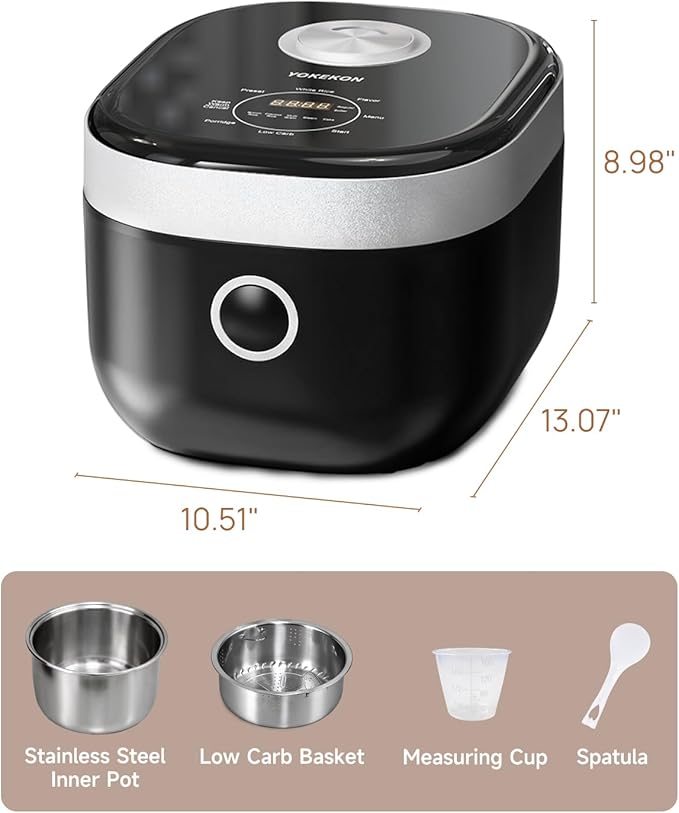 YOKEKON Rice Cooker Stainless Steel Inner Pot PFAS-Free Dishwasher Safe, Low Carb & Low Sugar Large Rice Cookers 8 Cup with Steamer Basket, 24H Delay Timer and Auto Keep Warm Feature,Black