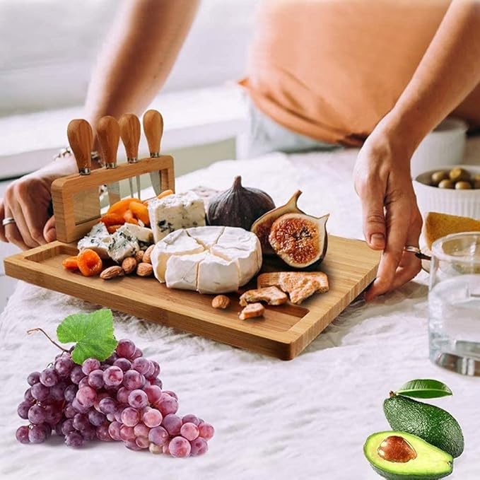 Grafken Bamboo Cheese Board Set, Wooden Cheese Board Set, Charcuterie Plate, and Serving Meat Board, Cutting Board, Suitable for Fruits, Biscuits, Bread (Size : 36 * 29 * 1.5cm)