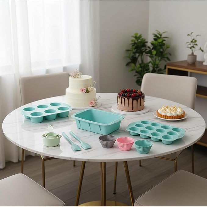 25 PCS Silicone Baking Pans Set, Nonstick Bakeware Sets with Round/Square Cake Pans, Muffin Pan, Baking Cups and Spoons for Bread, Cupcakes and Desserts