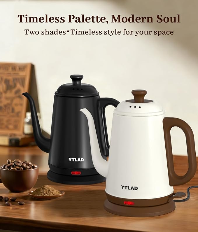 Gooseneck Electric Kettle 1L, 1000W Fast Boiling for Pour-Over Coffee & Tea, 304 Stainless Steel BPA-Free, Precise Flow Spout, Auto Shut-Off & Boil-Dry Protection, Retro Style (White)