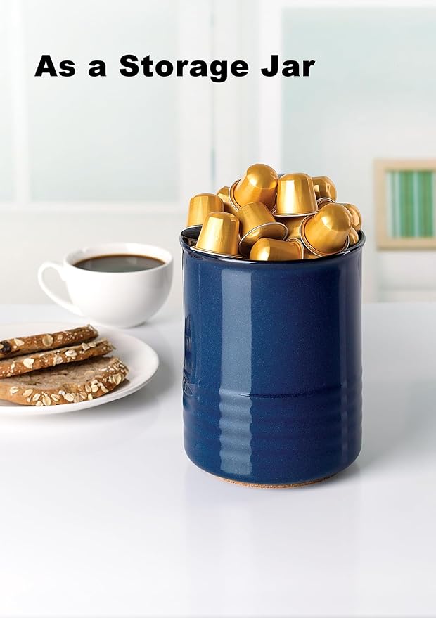 Utensil Holder, 6.7" Ceramic Kitchen Utensil Crock for Countertop Cooking, Modern Utensil Caddy Jar Organizer for Farmhouse Kitchen Counter Décor, Flambe Blue