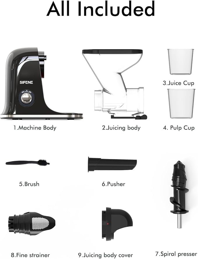 SIFENE Cold Press Juicer Machine, Mini Slow Masticating Juicer with Dual Feed Chute, Compact Electric Juice Extractor for Celery Ginger & Fruit, Easy Clean, Black
