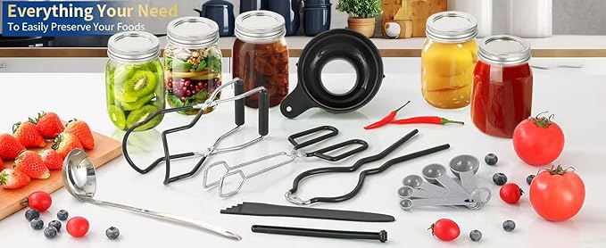 Canning Supplies Starter Kit,Canning Kit for Beginners of 9 with Jar Lifter,Wide Mouth Funnel,Wrench,Tongs,Lid Lifter,Bubble Popper,Canning Labels,ladle,Measuring Spoon-Black