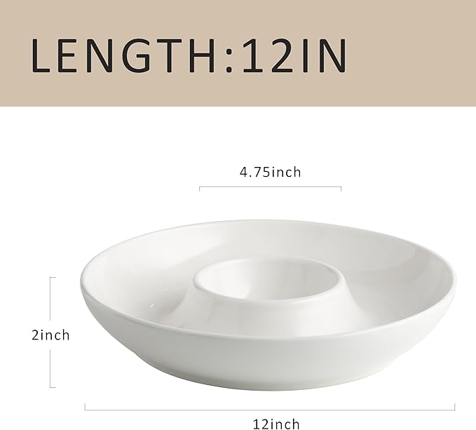 LEHAHA Ceramic Chip and Dip Serving Set, 12 Inch Large porcelain Divided Bowls Set for Salsa, Veggies, Dip, Appetizers, Snacks, Candy, Fruits-Relish Trays for Parties and Entertaining, White