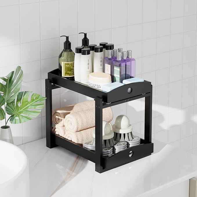 Bamboo Wood Under Sink Organizer 1 Pack, Pull Out Cabinet Organizer 2 Tier Under Sink Organizers and Storage with Sliding Drawer Sturdy Easy Assembly for Kitchen Bathroom Undersink (Black, 2 Packs)